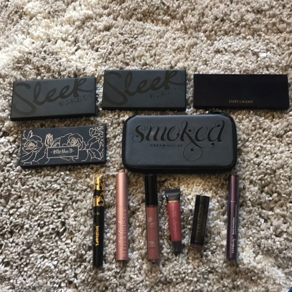 eyeshadow palettes, mascara, lipgloss, lipstick